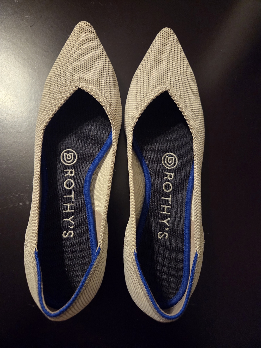 Rothy's Pointed-Toe Knit Flats in A Grey Color with Blue Trim